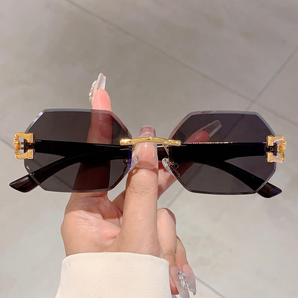 Vintage Rimless Polygon Shades Luxury Brand Gradient Women's Sunglasses Fashion Leopard Decor Travelling Sun Glasses