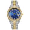 2 Pcs Watch+bracelet Hip Hop Stainless Steel Gold Color Calendar Watch For Men Iced Out Paved Rhinestones Men Watch Reloj Hombre