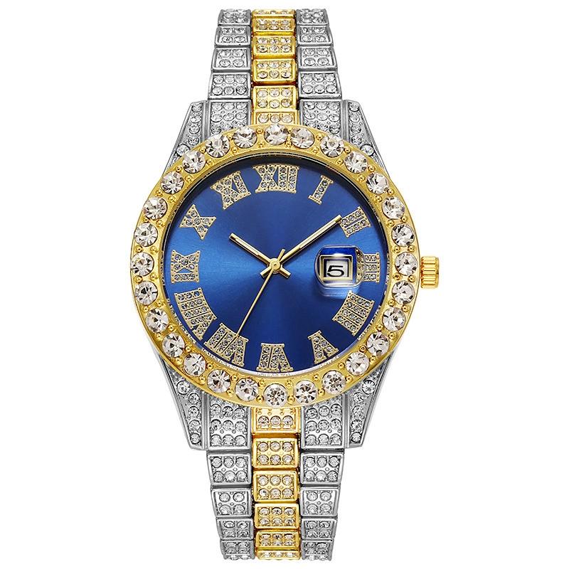 2 Pcs Watch+bracelet Hip Hop Stainless Steel Gold Color Calendar Watch For Men Iced Out Paved Rhinestones Men Watch Reloj Hombre