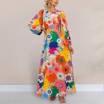 Women Maxi Dress Colorful Long Sleeve Hollow Tight Waist Lace Up Lantern Sleeve A Line Loose Hem High Waist Fall Spring Vacation Prom Party Dress