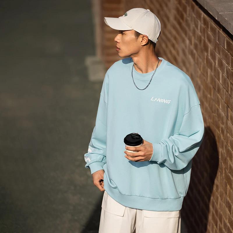 Li Ning Sports Lifestyle Series Letter Logo Printed Round Neck Loose Pullover Warm Sweatshirt Unisex sweatshirt Blue AWDT607-4