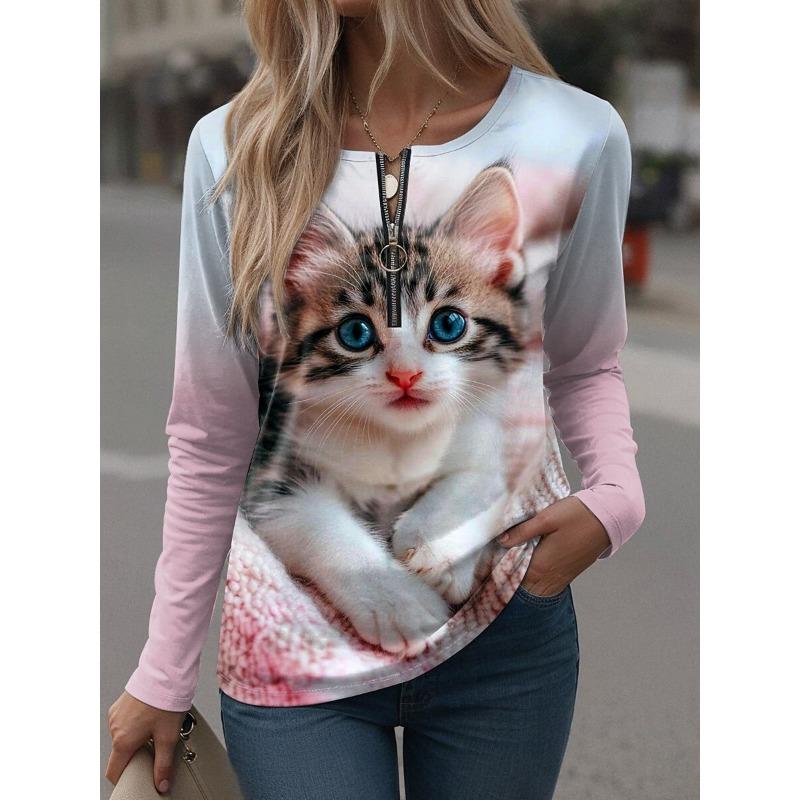 Plus Size Long Sleeve T-Shirt with Geometric Stripes & Color Block Ring Zipper Detail - Fall Fashion