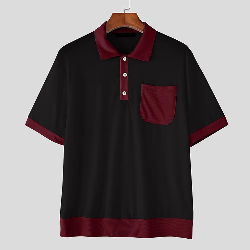 

INCERUN Men Casual Loose Lapel Short Sleeve Stitching Office T-shirts Tops L красный