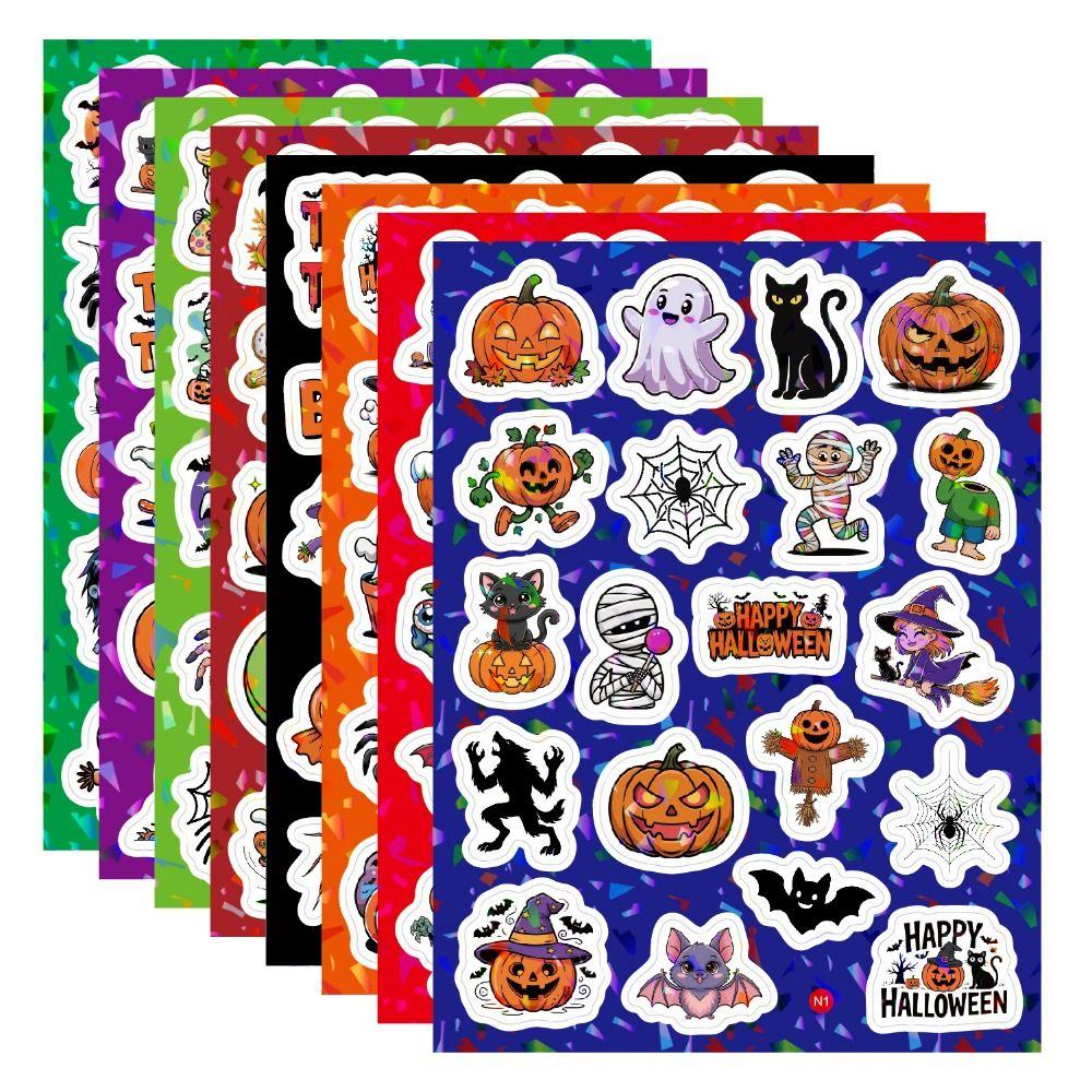 160PCS 8 Sheets Cartoon Spider Pumpkin Halloween Stickers Ghost Bat Vinyl Holographic Stickers Self-adhesive Multicolor