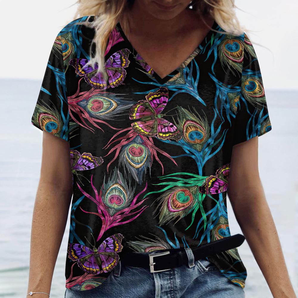 Новые яркие женские футболки с принтом павлиньего пера размера плюс — фото 4