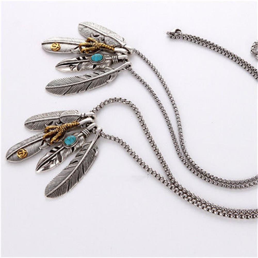 New Silver Color Taiko Chain Set Chain Style Turquoise Feather Necklace Women's Sweater Chain Fashion Jewelry Accessories Gifts