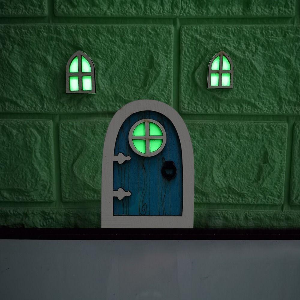 Cute Wooden House Miniatures Cartoon Fairy Door Ornaments Fluorescent Elf Door Decor Gifts