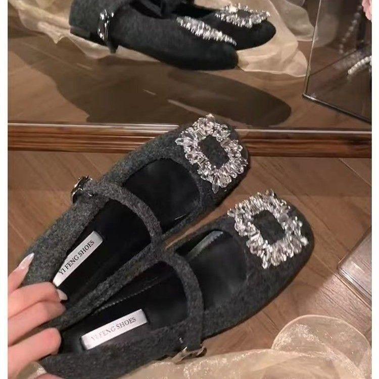 Square Head Single Shoes Casual Thick Heel Inner Heel Increased Wind Soft Sole Daily Square Buckle Woolen Mary Jane Shoes