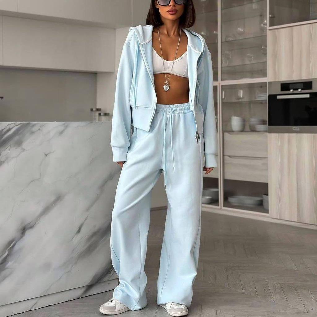 Women's Autumn Fashion Set: HK Style Slimming Wide-leg Pants with Hooded Top