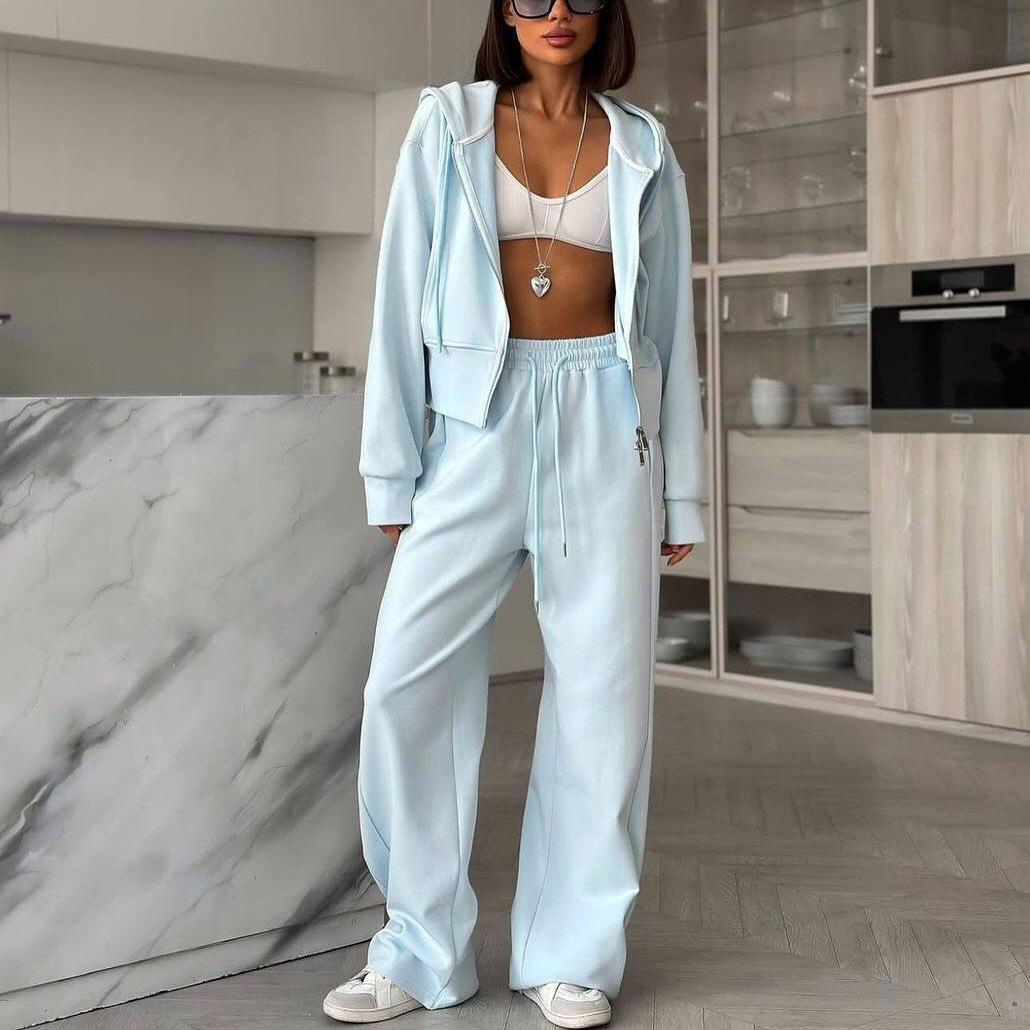 

Women s Autumn Fashion Set: HK Style Slimming Wide-leg Pants with Hooded Top Double Extra Large небо синє кольору