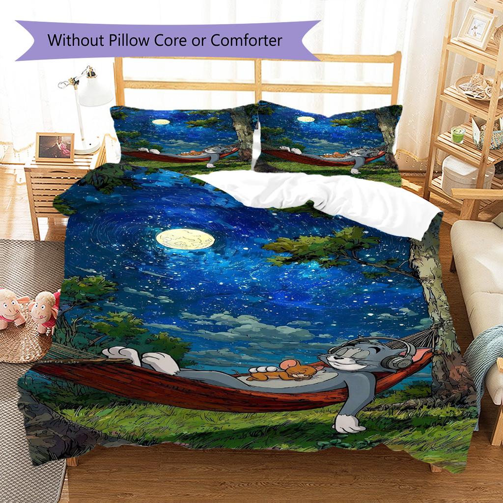 Mouse Cat Cartoon Pattern Bedding Set Quilt Cover Pillowcase Home Decor Gift (1 * Duvet Cover + 2 * Pillowcase, Without Core)