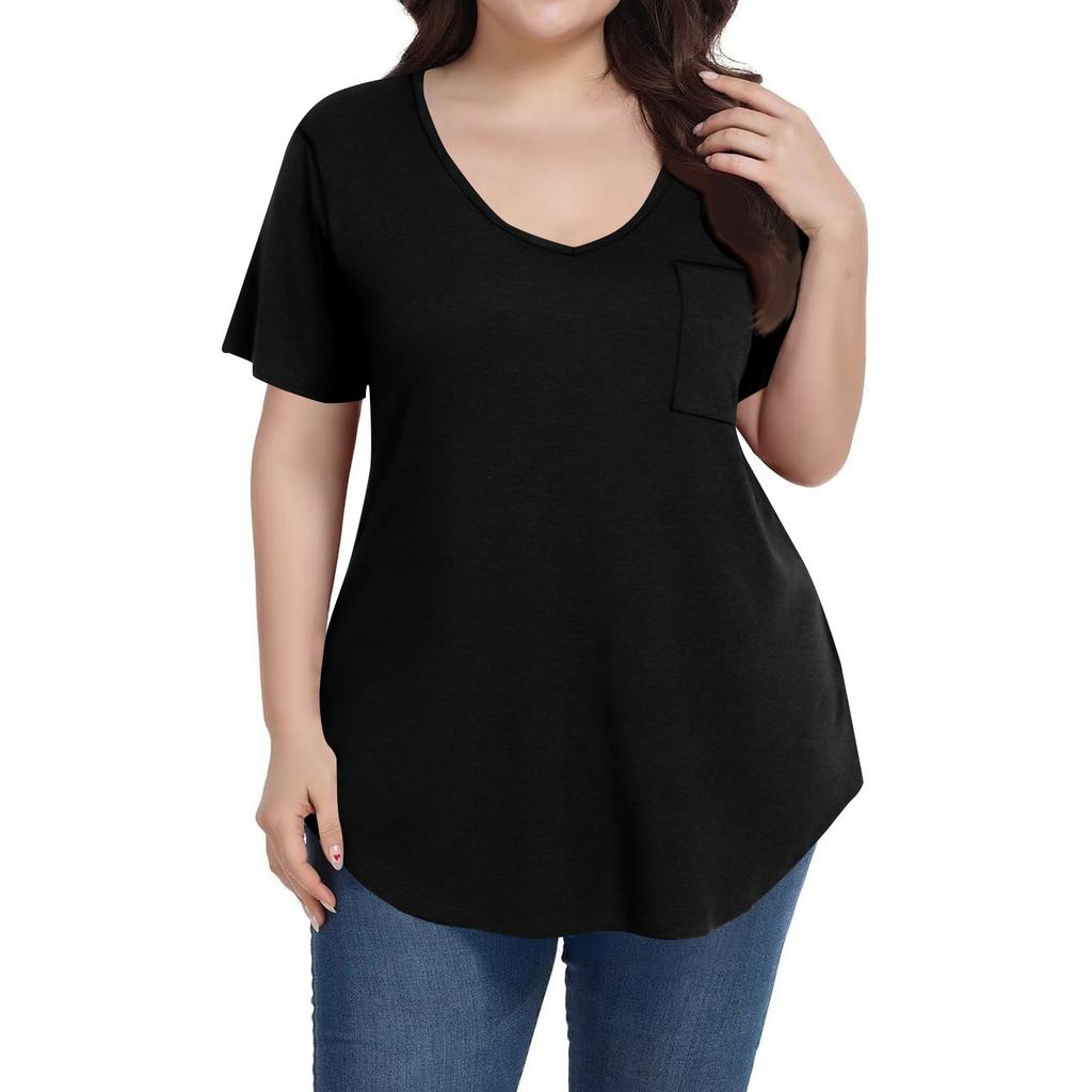 Women's Color Large Size V-neck Top Loose Pocket T-shirt