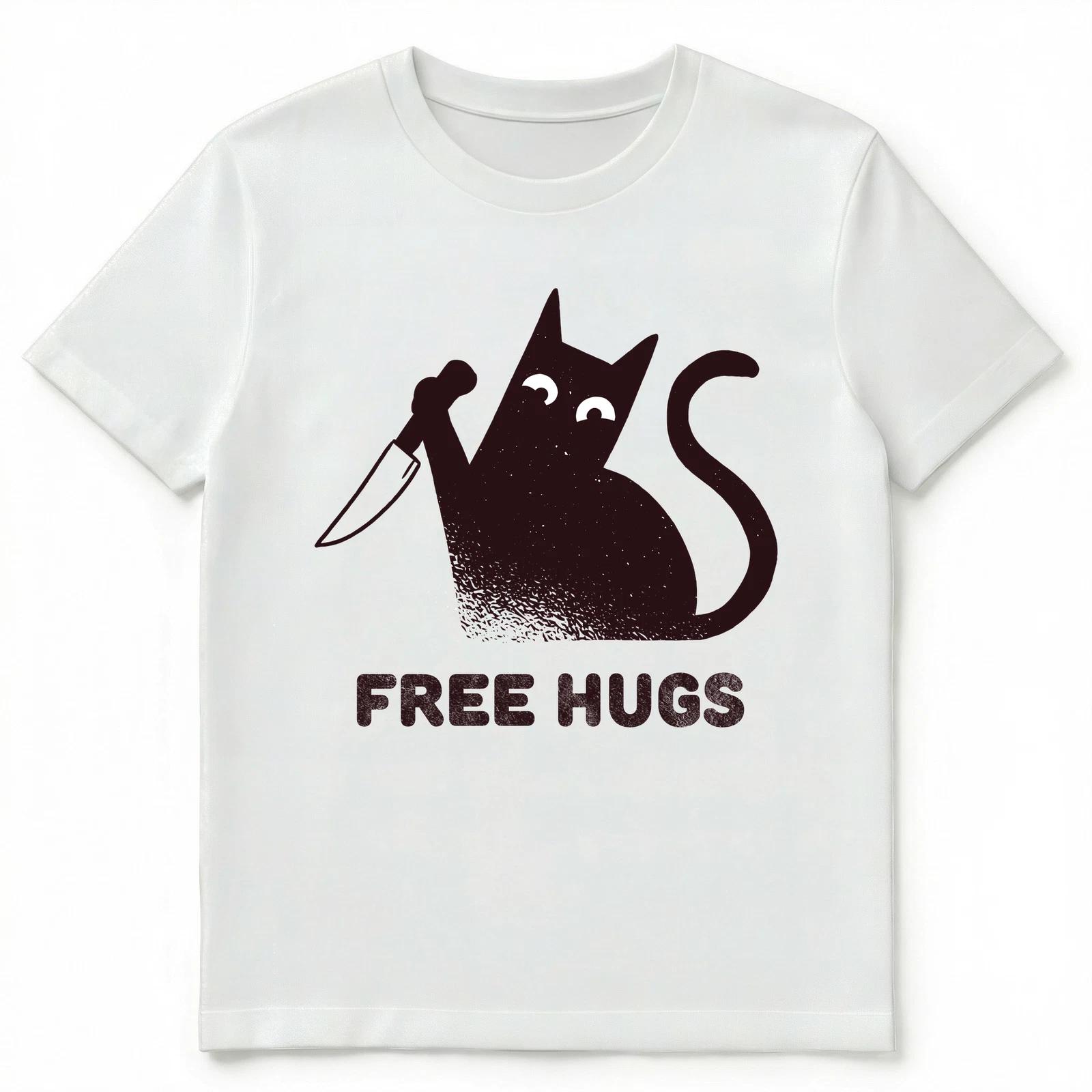 Free Cat Hugs Psychopath Cat With A Knife Funny Cat Themed Unisex T-Shirt XL