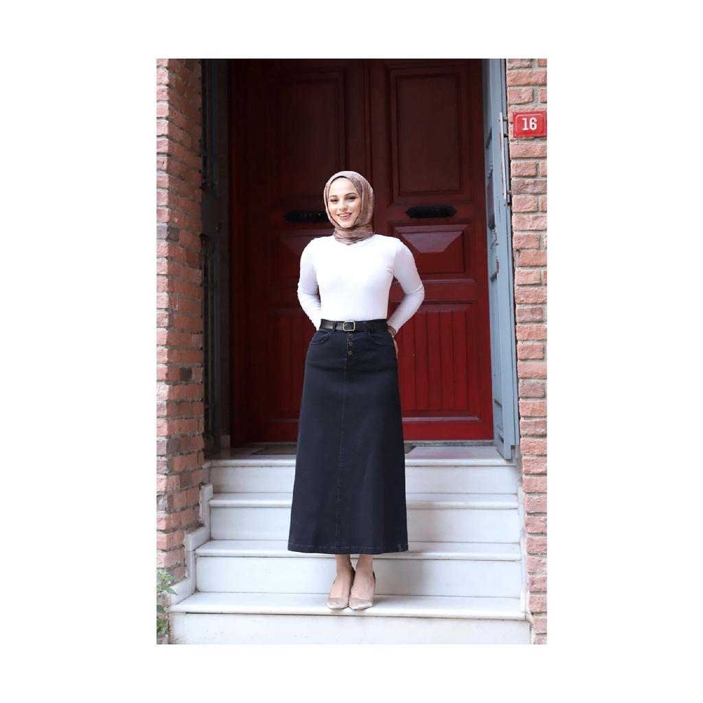 Natural Fabric Belted Denim Skirt - Black