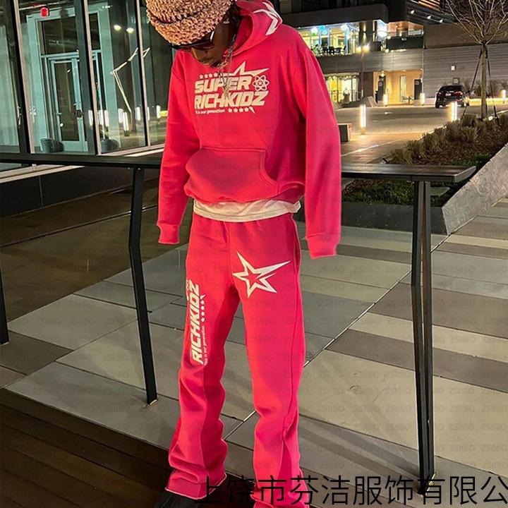 Star letter 3D printed hooded sweater men's and women's European and American hip-hop sweatshirt loose coat set