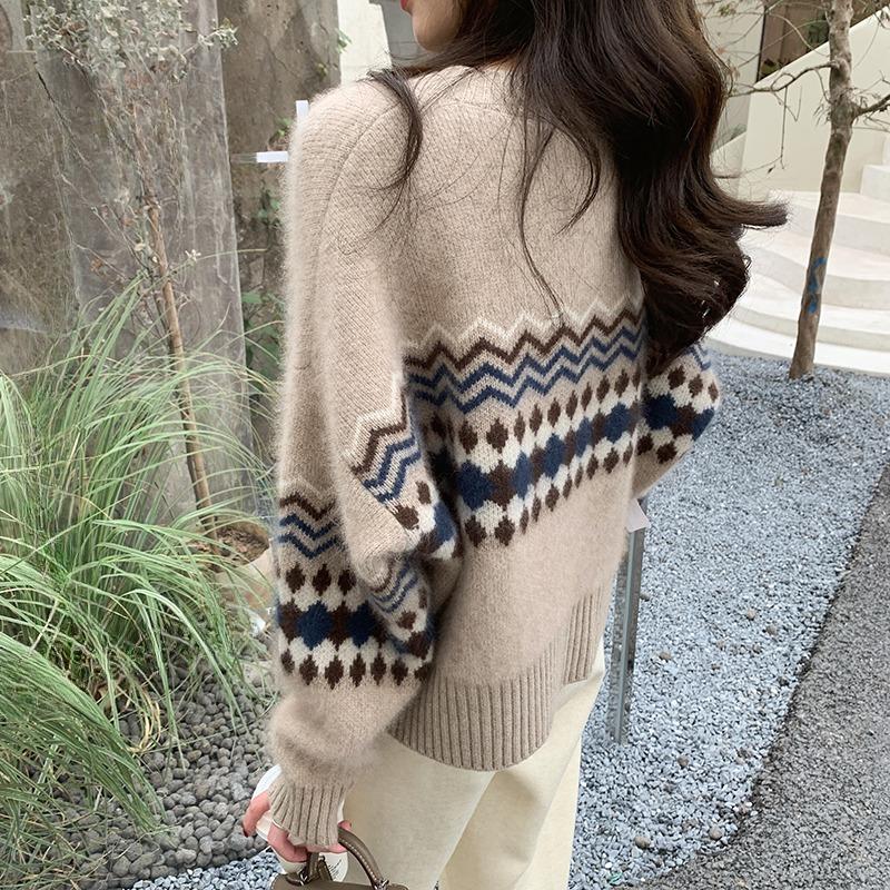 Korean vintage print loose sweaters outer wear spring autumn women's clothing knitted cardigan top sweater cardigan jacket women