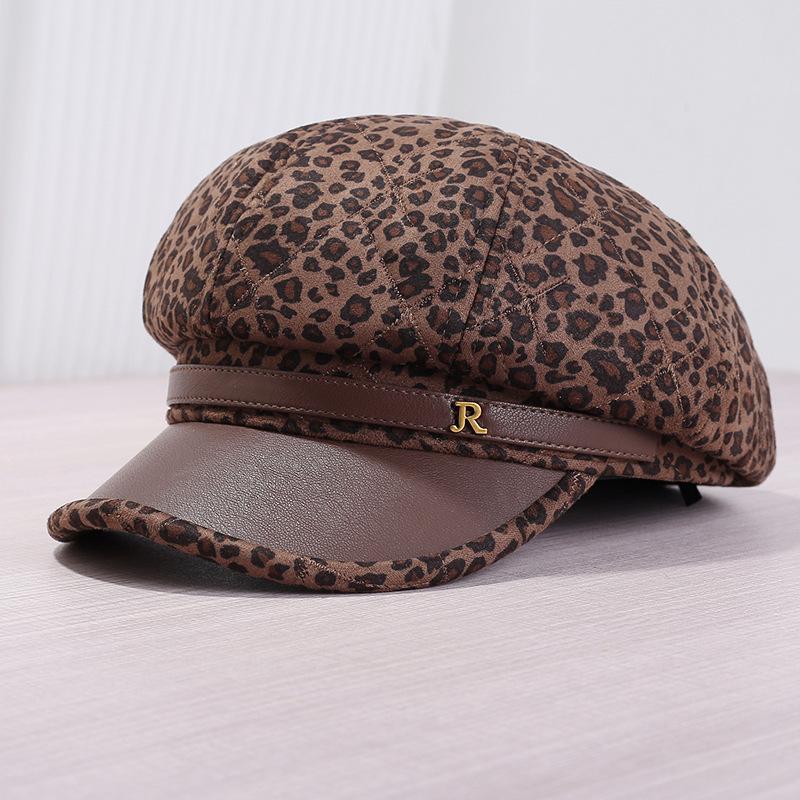 Spice Girl trendy leopard print belt octagonal hat female millennial Spice Girl niche octagonal hat big head circumference showing face small news