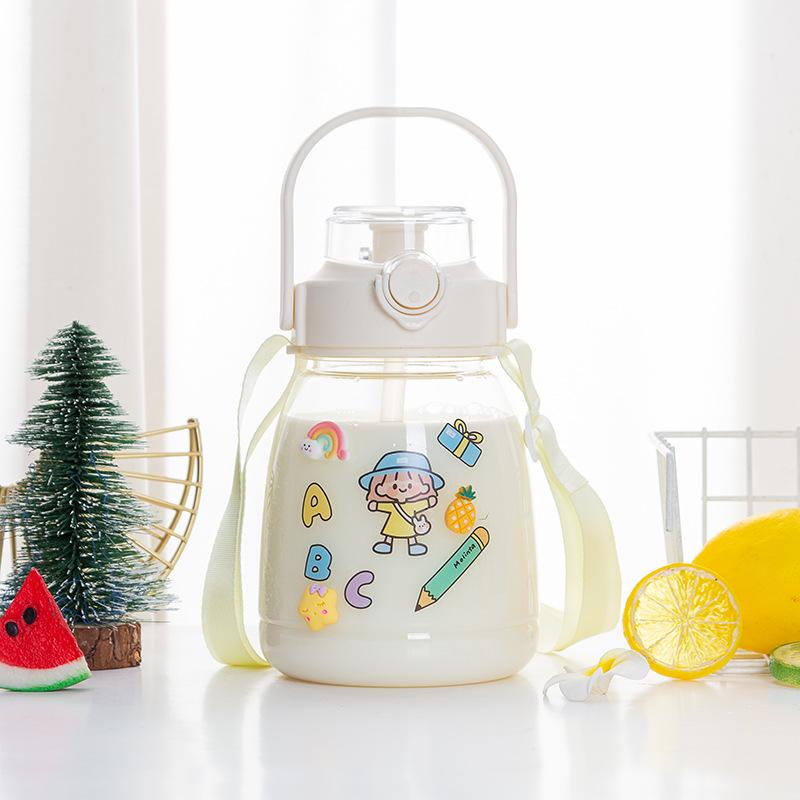 Water Bottleins Large Capacity Plastic Cup with Lifting Rope Crossbody Straw Cup Transparent Bounce Cover Big Belly Cup