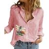 Women Fashion Cotton Linen Shirt Summer&fall Long Sleeve Top Ladies Printed Blouses