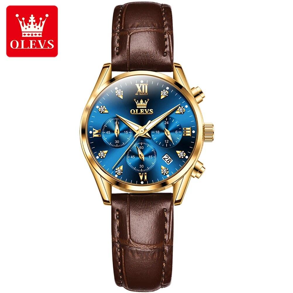 OLEVS 5523 Chronograph Quartz Wristwatches for Women Leather Strap Waterproof Luminous Classic Elegant Luxury Brand Woman Watch