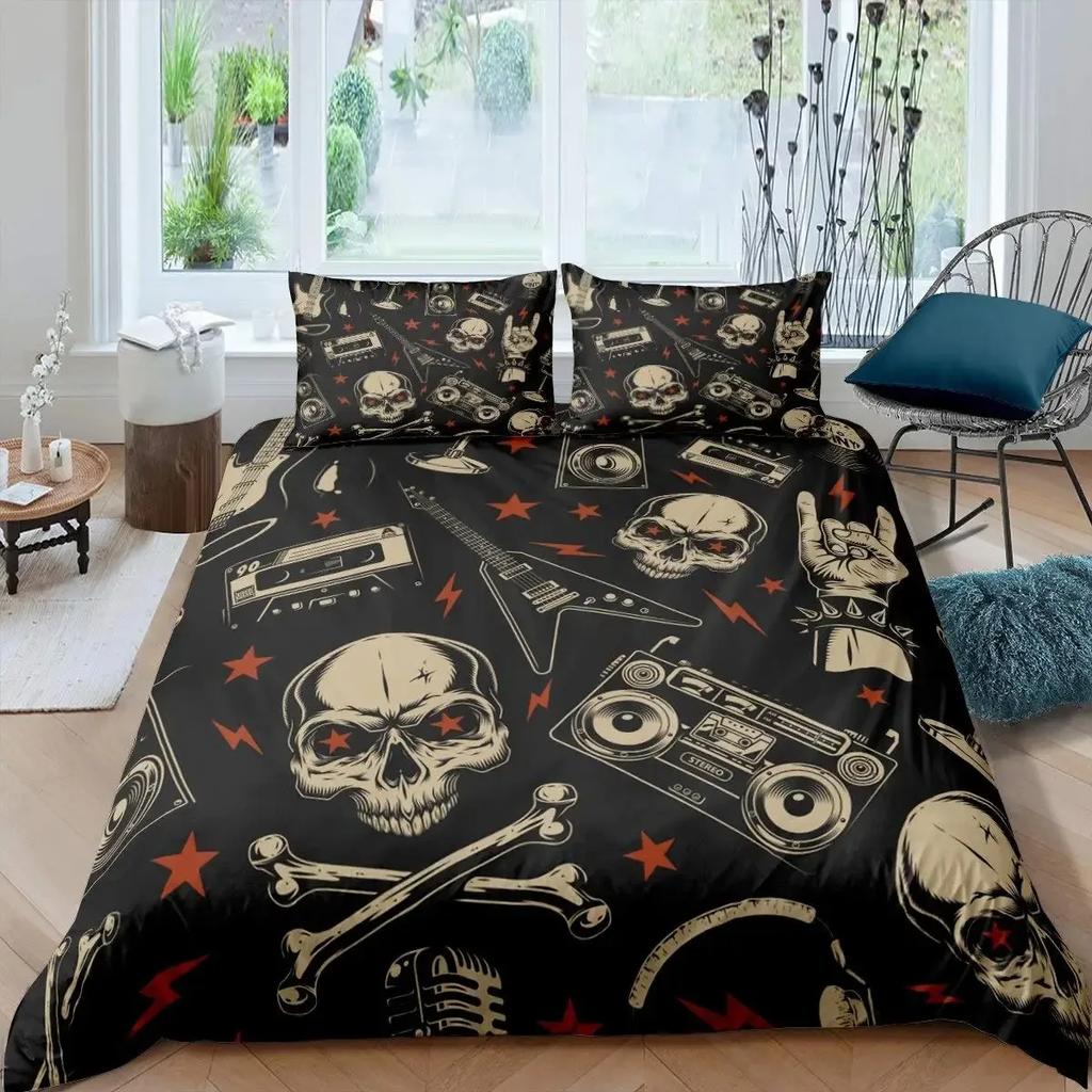 Katzenknochen-Bettwäscheset Full QueenHalloween Gothic Totenkopf Bettwäscheset SchwarzWeiß Galaxie Bettdeckenbezug Steppdeckenbezug