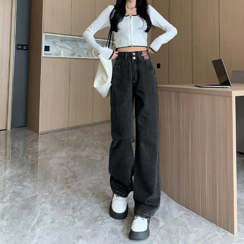 Women's High Rise Wide Leg Jeans Loose Straight Leg Denim Pants Vintage Washed Floor Length Casual Korean Style Trousers