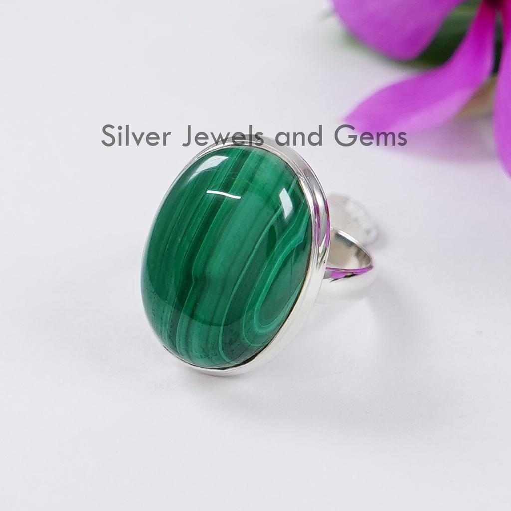 Handmade Oval Malachite Ring, 925 Sterling Silver, Green Gemstone