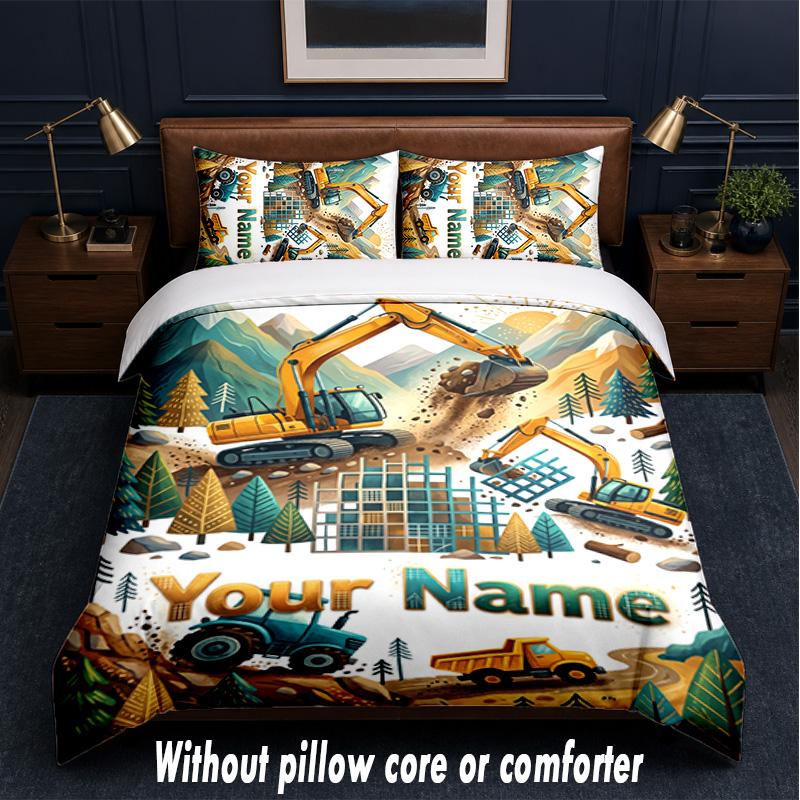 Construction Vehicles Theme Custom Text Or Name 3Pcs Bedding Set,1 Flat Sheet & 2 Pillowcases Personalized Home Bedding