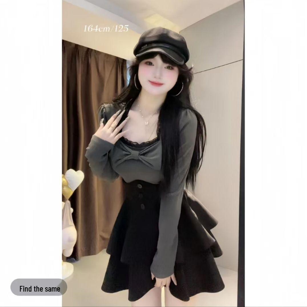 

Plus Size Lace Trim College Style Top & Fishbone Waist Cincher Skirt Set for Women, Spring/Autumn. L (100-115 jin)