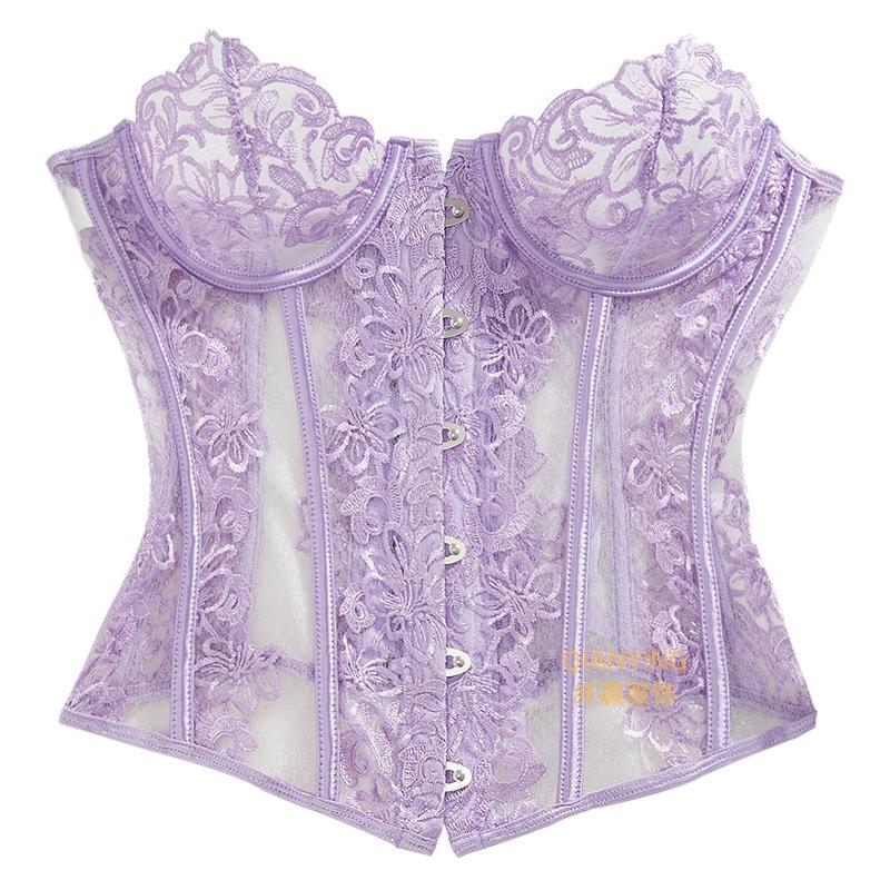 Women Sexy Purple Lace Hollow Out Perspective Boned Corset Waist Cincher Body Shaper