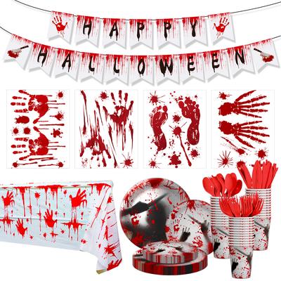 Decoraciones para Fiesta de Halloween, Huellas de Manos de Sangre, Banderines, Vasos de Papel, Platos, Casas Encantadas, Centros Comerciales, Ambiente Terrorífico, Manteles de Sangre
