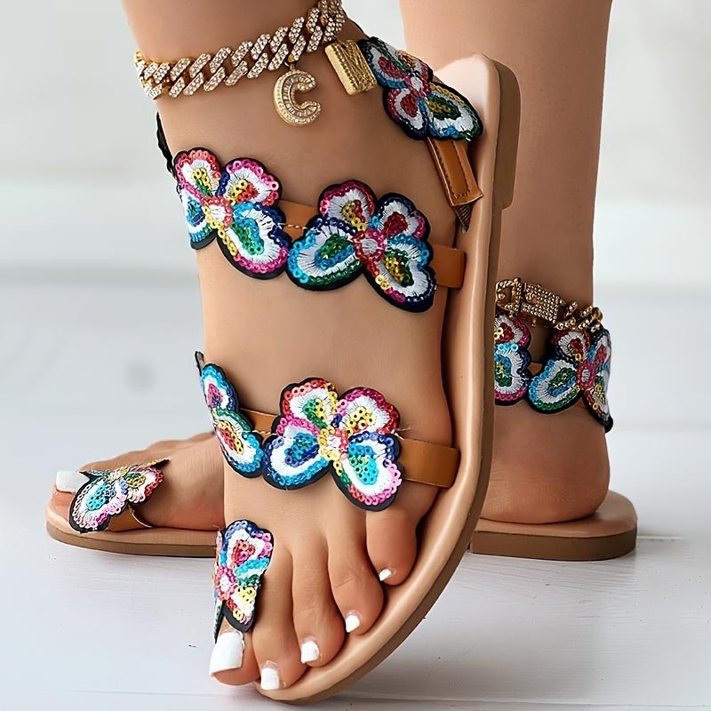 Flower Ladies Sandals Set Toe Rivet Flat Women's Shoes Vacation Plus Size Shoes
