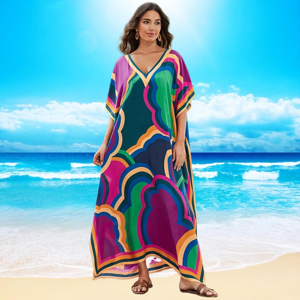 Kaftan Strandkleid Rayon Damen Boho Bunt Bedruckt Plus Size Maxi Sommer Badeanzug Cover Up
