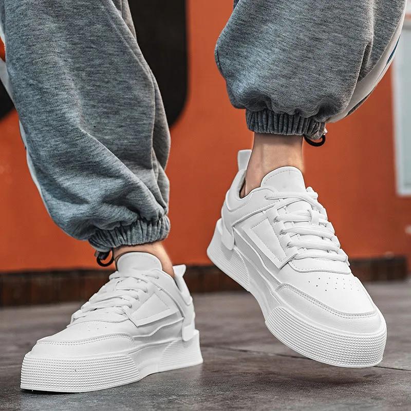 White Shoes for Men Summer Korean Style Fashionable Breathable Casual Student Board Shoes Non-slip Lace Up Thick Soled Sneakers