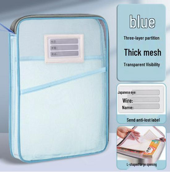 Thickened L-Shaped Zipper File Bag: Transparent, Double-Layered for Student Storage and Organization