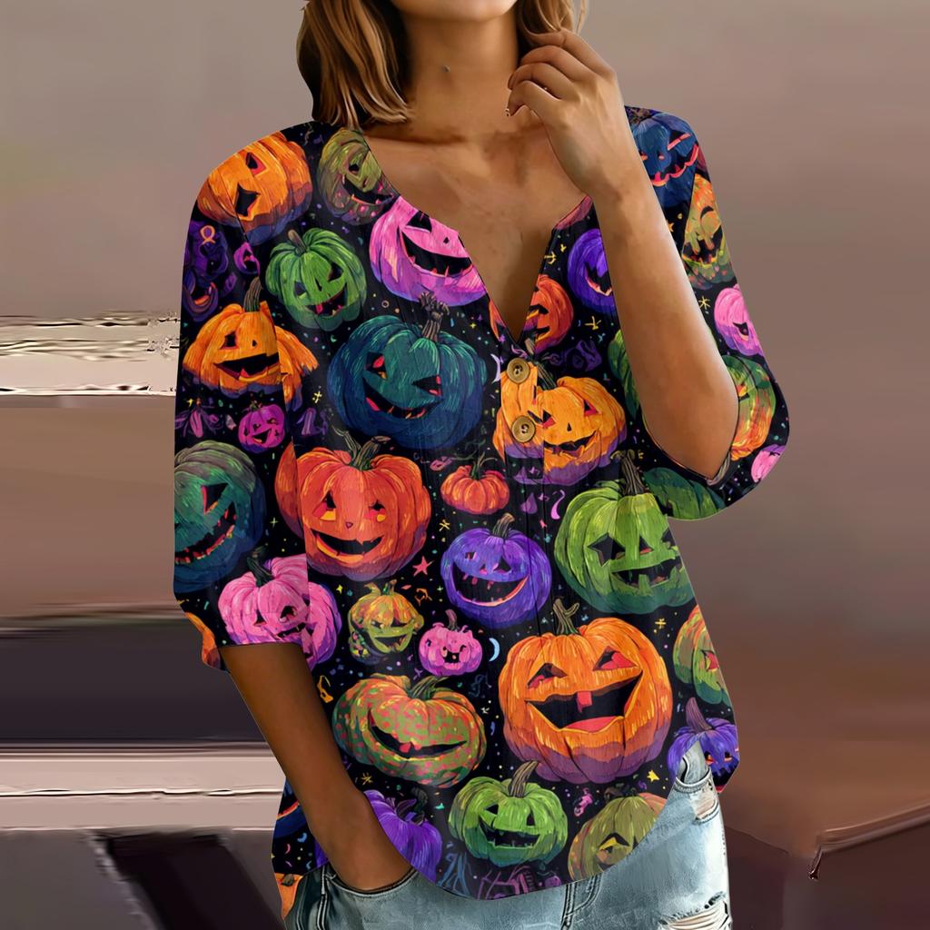 Women's Halloween Print V-Neck Button Three-Quarter Sleeve T-Shirt Casual Top