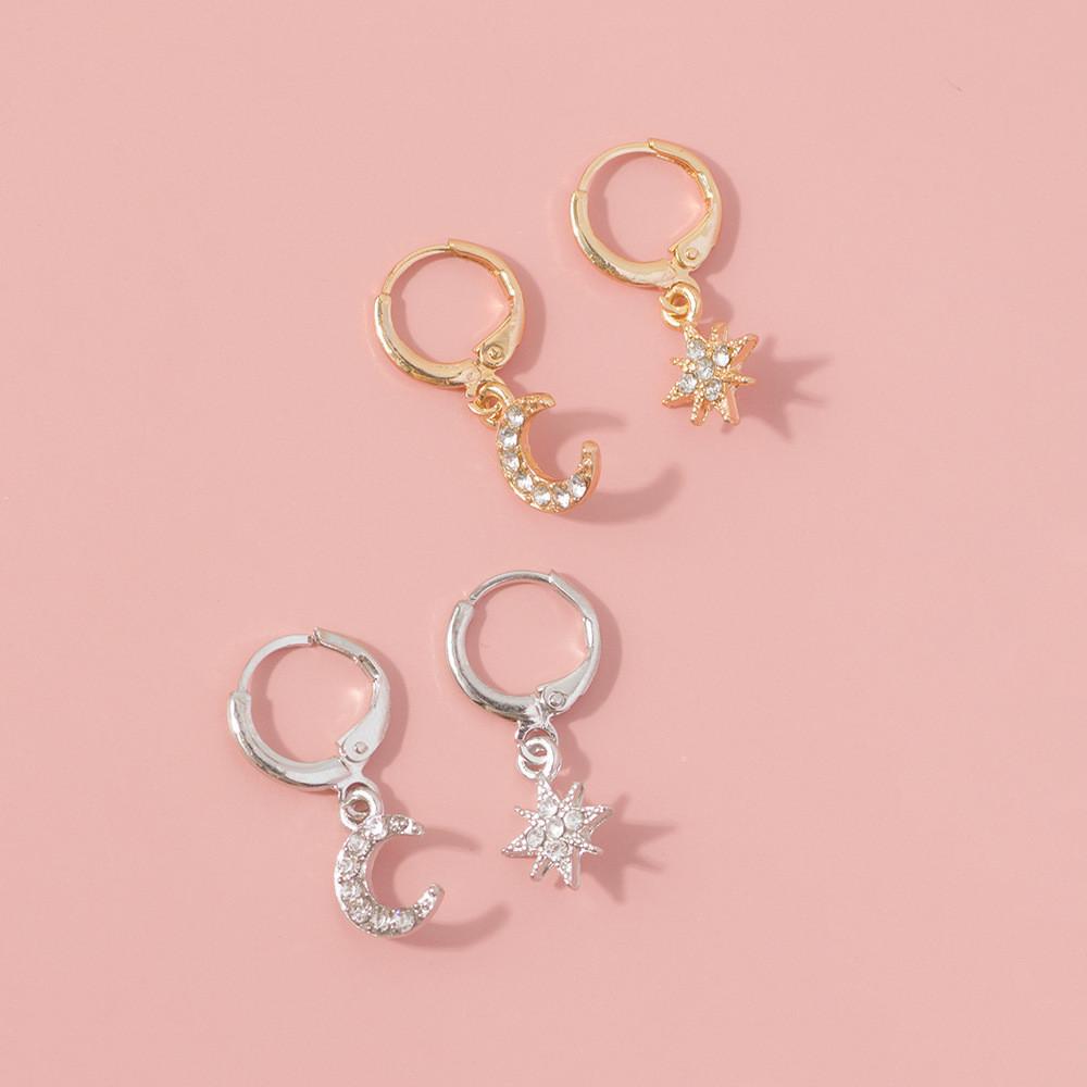 Trendy Star Geometric And Moon Earrings Alloy Jewelry With Rhinestones Women For