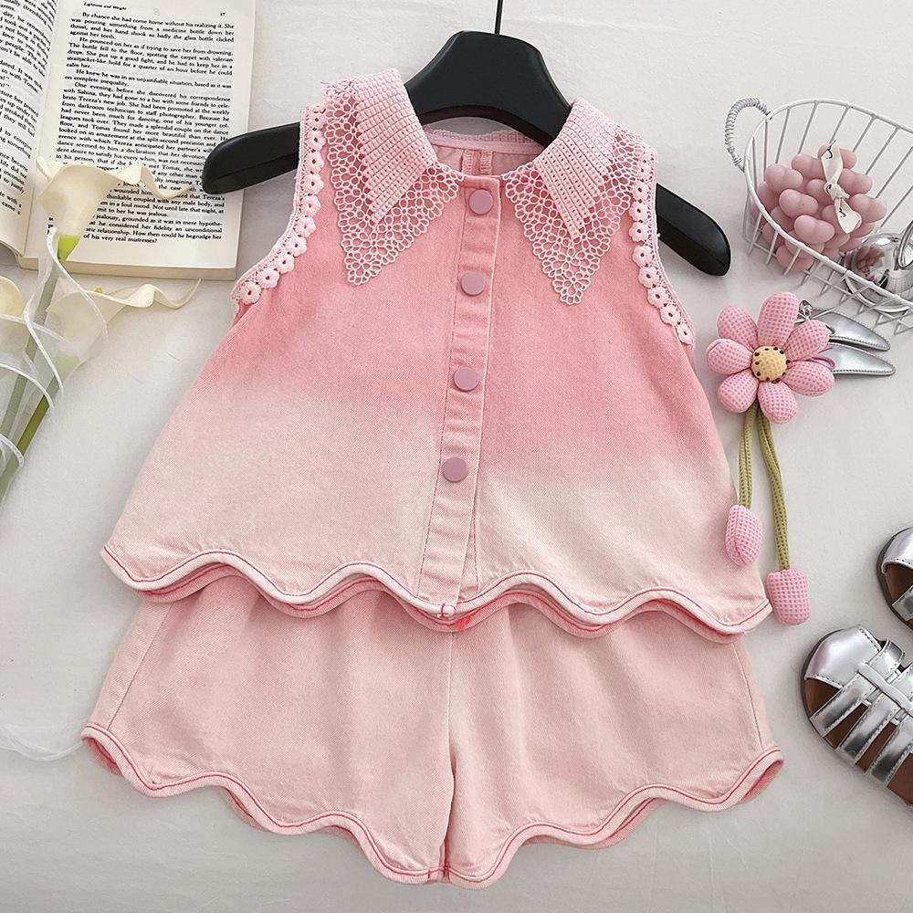 Girls Summer Princess Denim Set Lace Trim Sleeveless Top And Shorts Trendy Two Piece Outfit 90cm