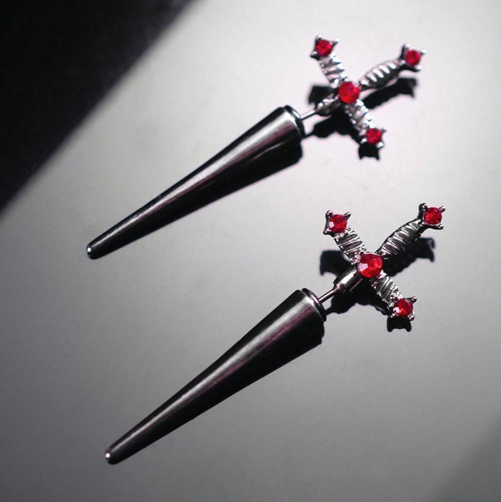 Fashion Punk Jewelry Cool Sword Gothic Kinitial Piercing Earrings for Women Men Gothic Crystal Ear Jacket Dagger Studs Earring