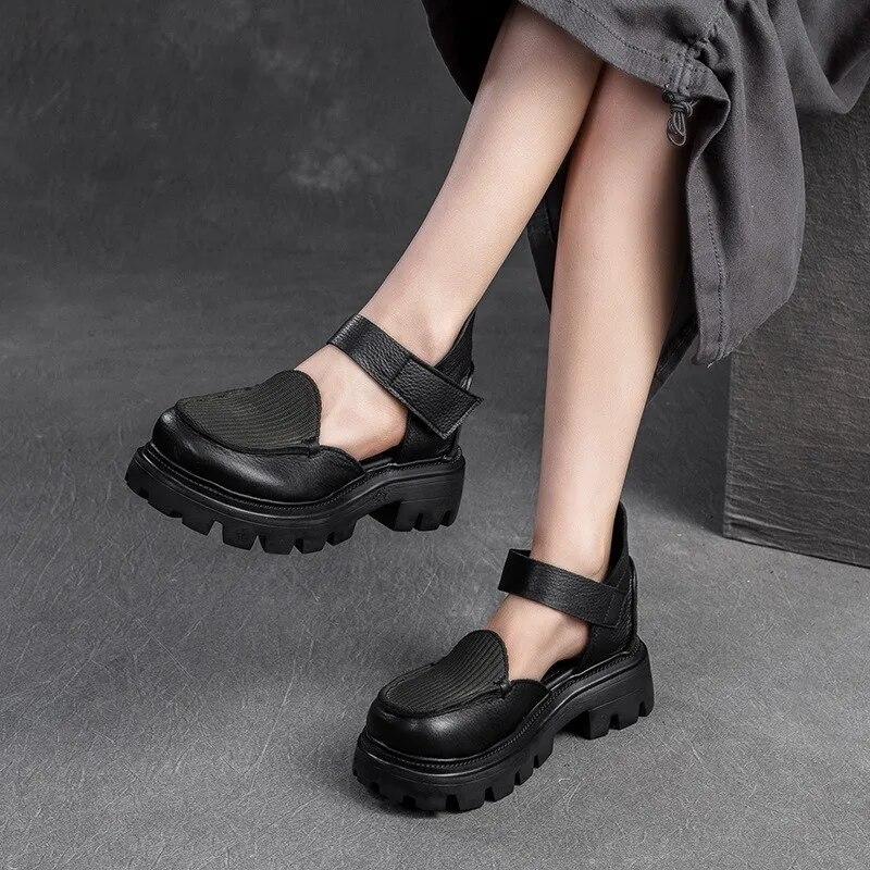 Johnature Sandali retrò con suola spessa Scarpe da donna versatili con chiusura a strappo in vera pelle