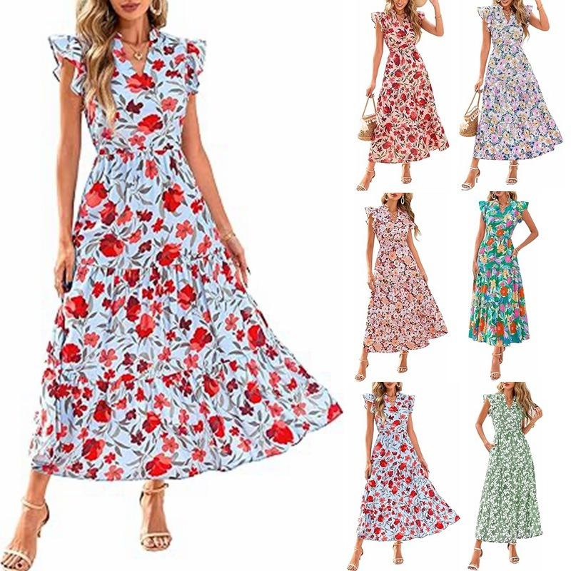 Dame V-hals Plissert Flermermet Trykt Midilengde Kjole