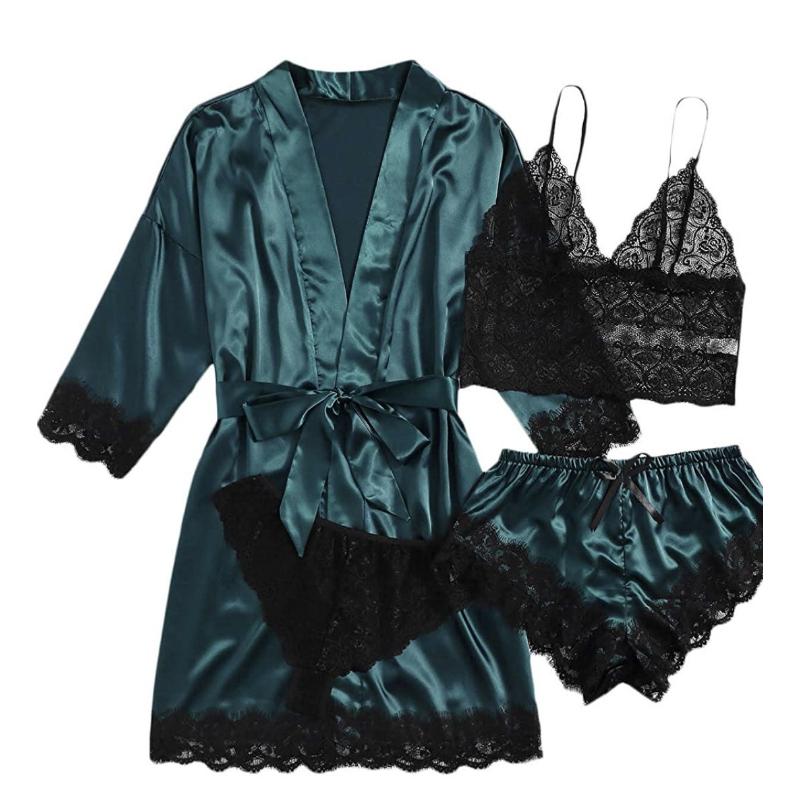 Women's Pajama Fashion 4-piece Set Lace Satin Strap Sexy Pajama Set Dress Skin Friendly Comfortable Casual Pajama Skirt