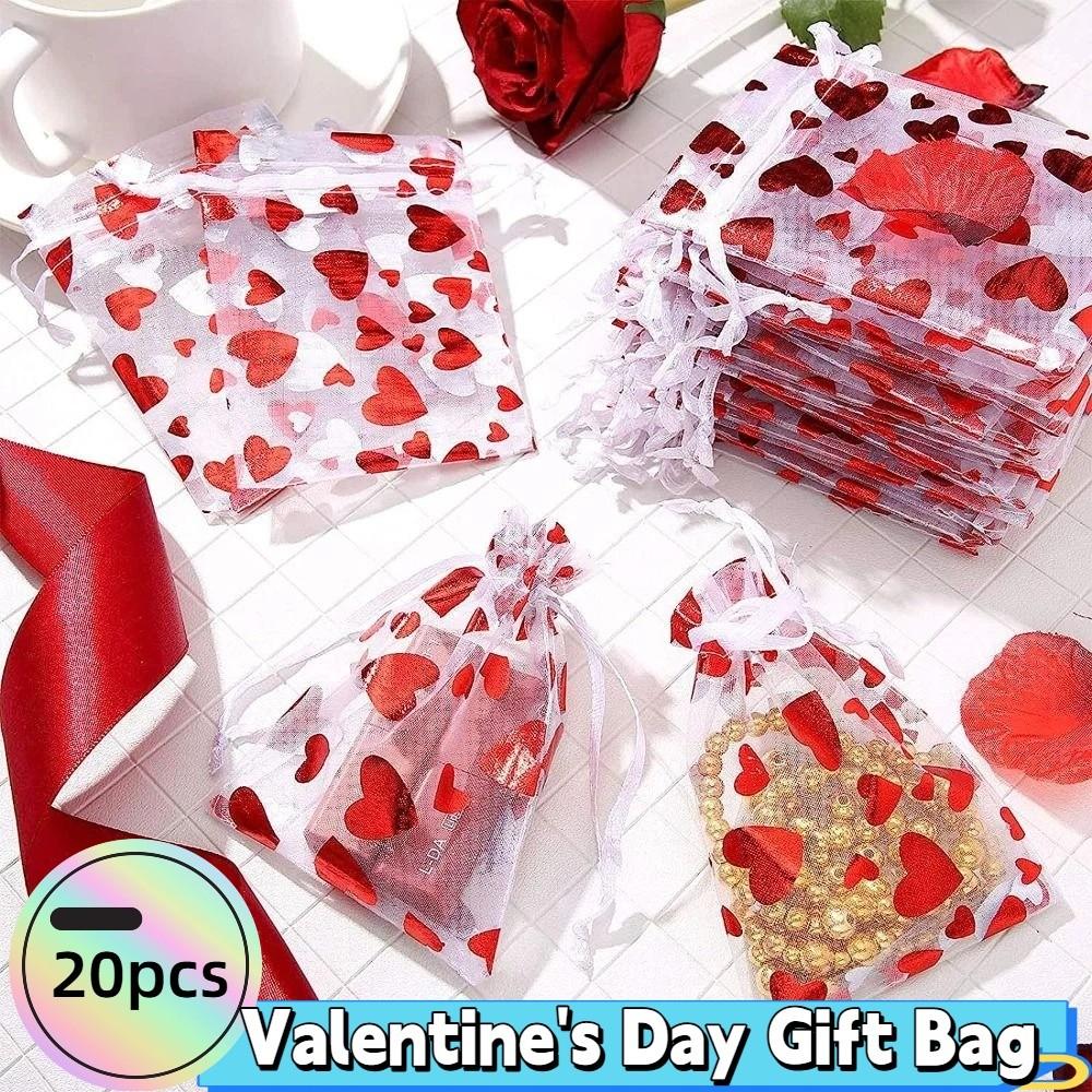 20pcs Love Heart Valentine's Day Gift Bag Organza Bronzing Gift Bag Mesh Candy Pouches  Wedding