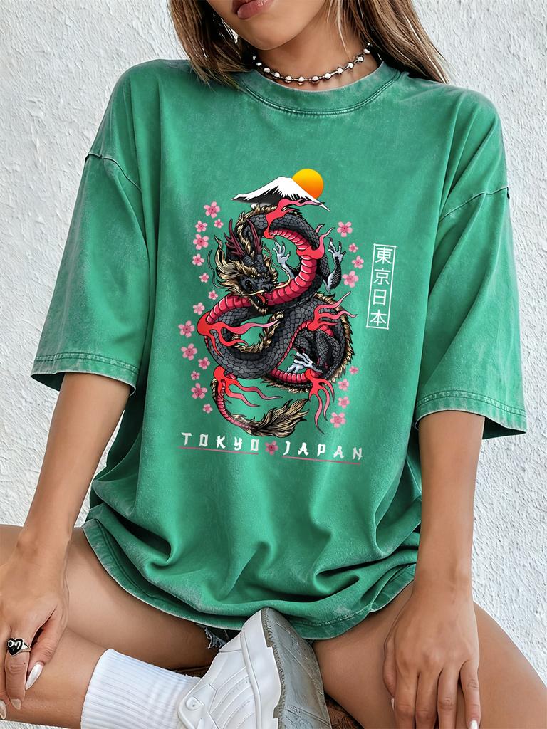 Tokyo Japan Dragon Cotton Washed TShirts Womens Summer Oversized Tops ONeck Comfortable Short Sleeve T Shirt Basic Clothes