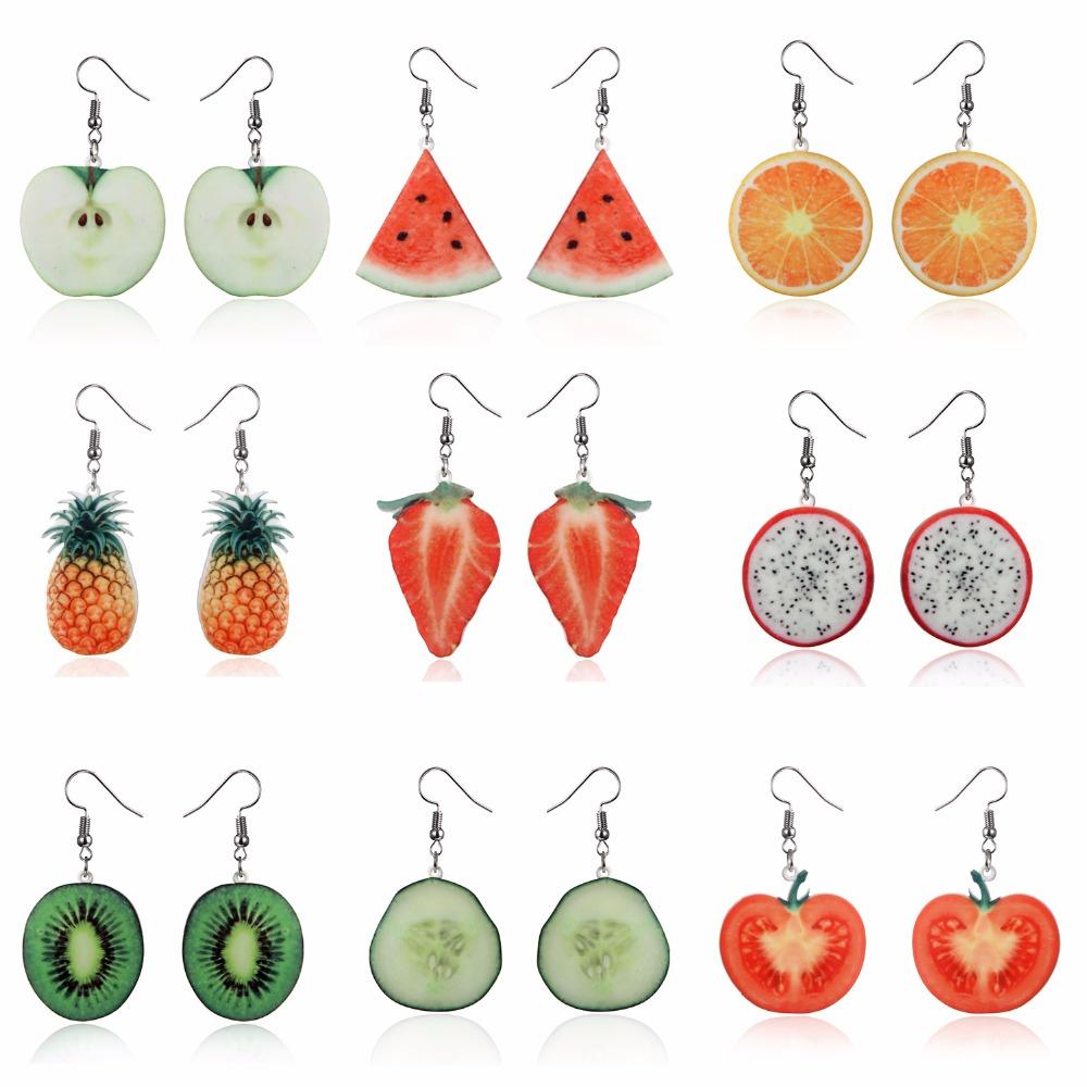 Cute Fruit Acrylic Earrings Set Strawberry Watermelon Tomato Kiwi Orange Drop Dangle Earrings For Women Fashion Fun Jewelry