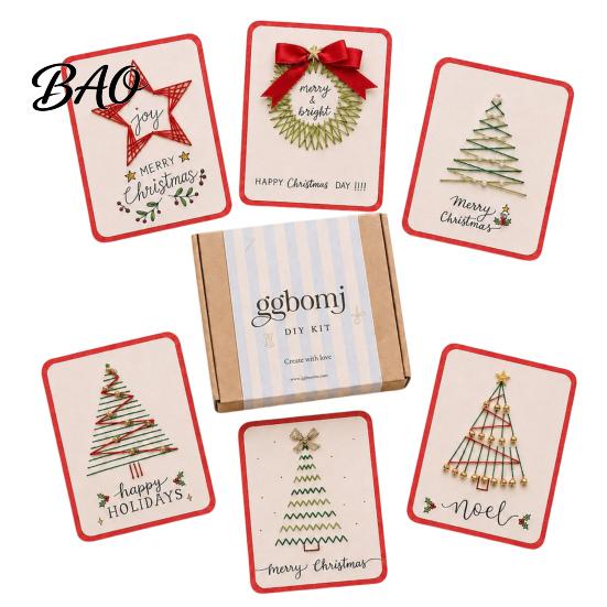 Personalized Christmas Gift Cards Merry DIY Card Kit, Embroidery Stitching Greeting Handmade Making Supplies Set with Tree Design, Beginner-Friendly