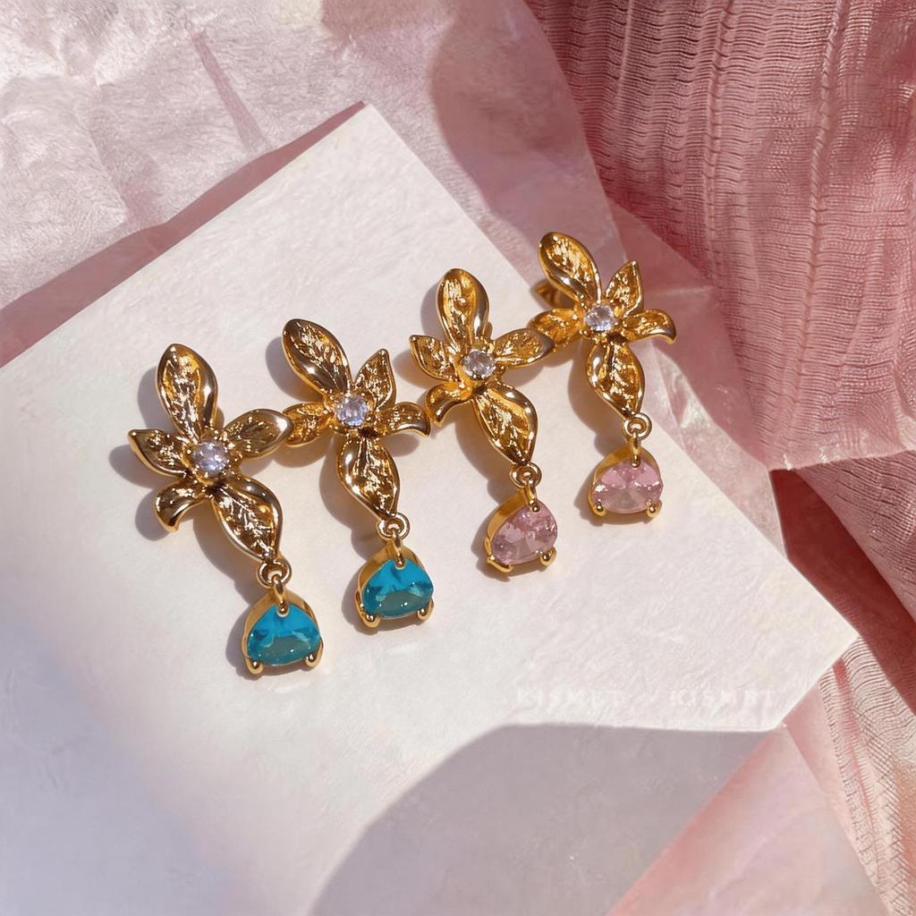 18k Gold-Plated Zirconia Floral Drop Stud Earrings - Exquisite Retro Luxury Jewelry