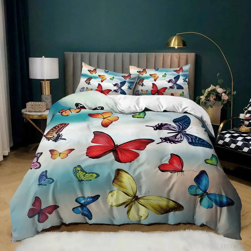 Butterfly Bedding SetButterfly Duvet Cover Set Queen SizeBlue Red Butterflies Printed Comforter Cover Set For Girls Kids Teens