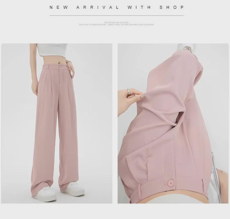 Pantalones rectos negros de cintura alta y pierna ancha, ajustados, de primavera 2024: nueva moda informal con corte drapeado.