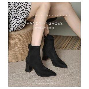 Simple pointed suede ankle boots rear zipper square thick heel slim fit thin workplace dating autumn and winter women's short boots